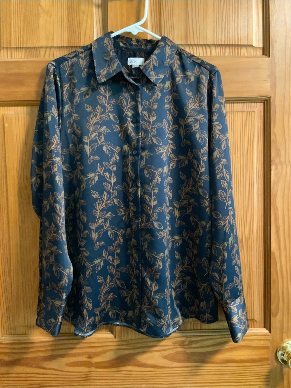 Silky Navy Blouse with Gold Leaf Pattern